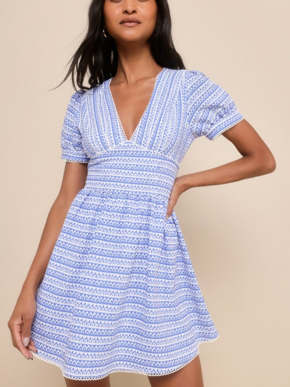 Lulus Lovely Chicness Blue And White Geo Print Puff Sleeve Mini Dress - Size S